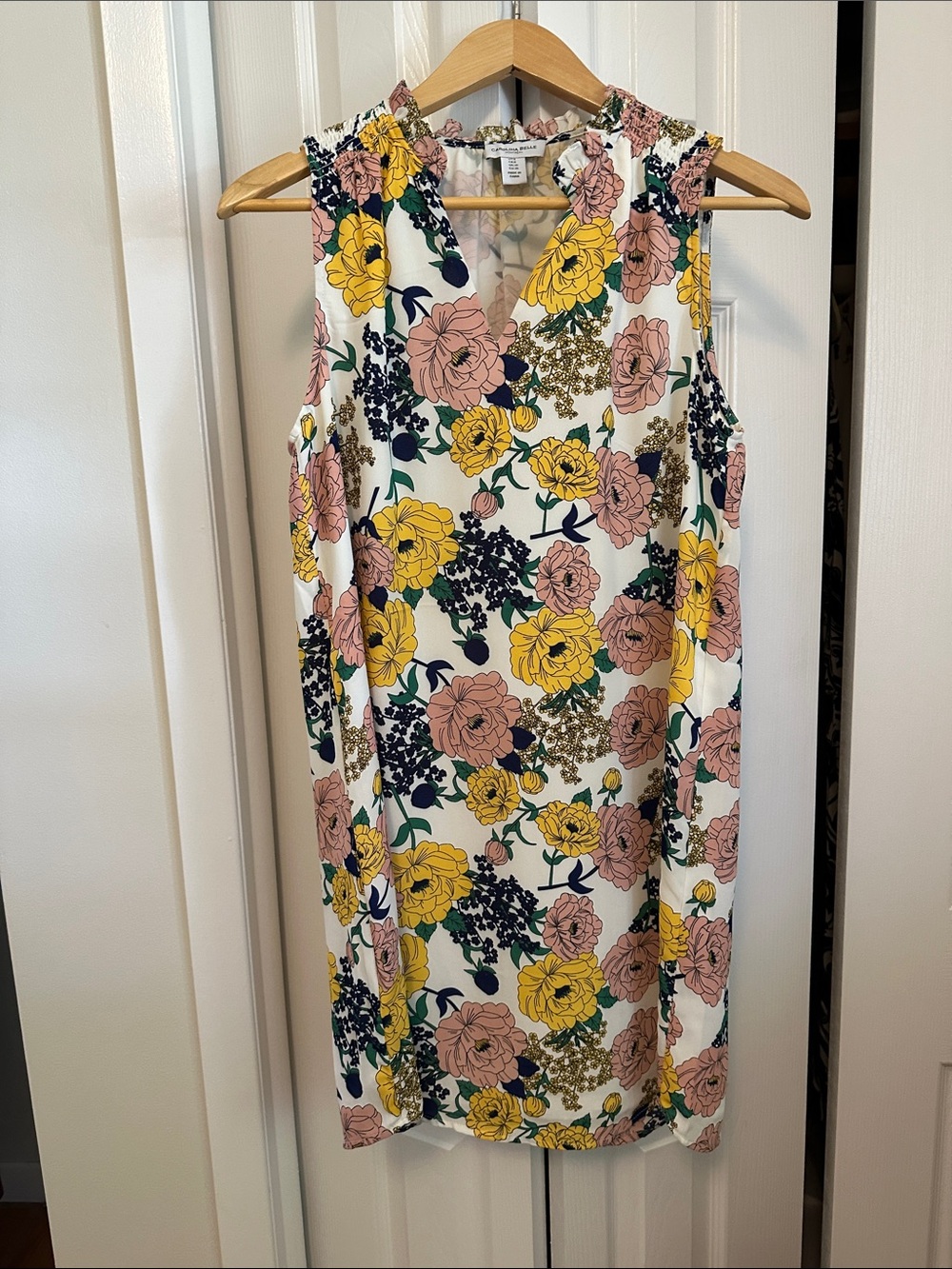 Carolina Belle Floral Sleeveless Midi Dress in White, Yellow & Pink